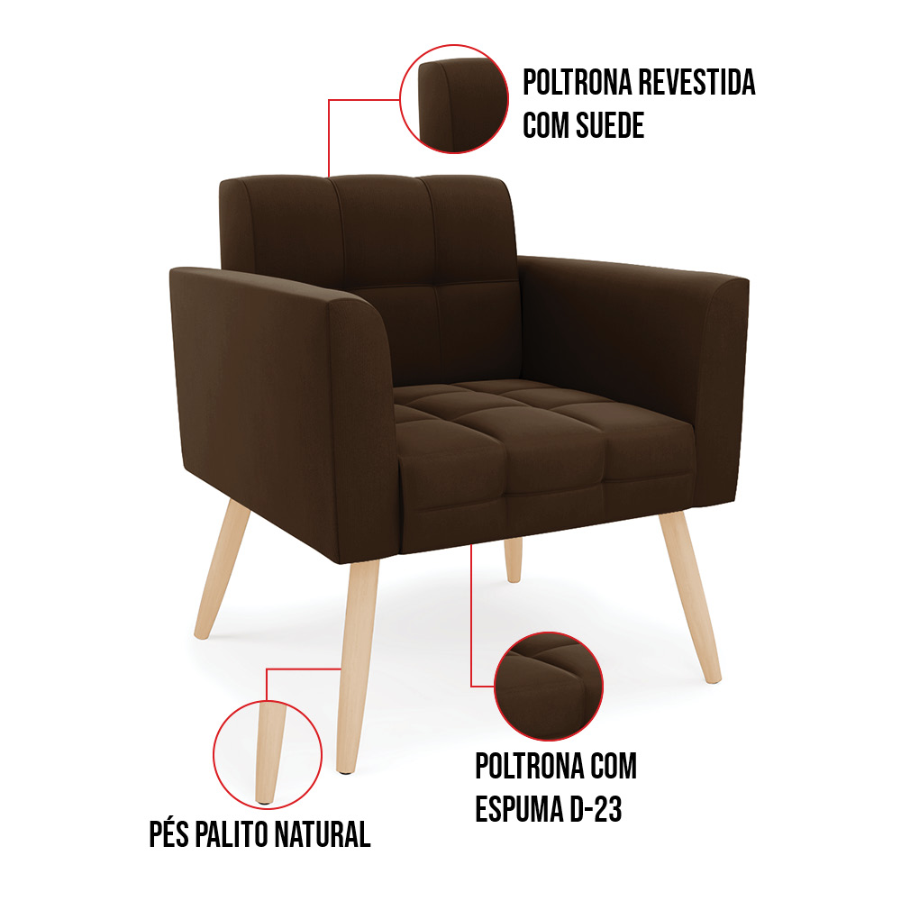 Kit 1 Sofá Namoradeira e 1 Poltrona Elisa Suede Marrom Pés Palito Natural - D'Rossi
