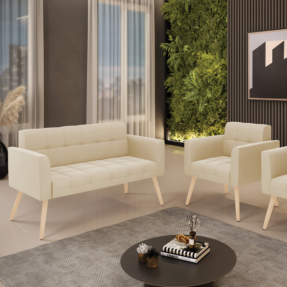Kit 1 Sofá Namoradeira e 1 Poltrona Elisa Suede Pés Palito Natural - D'Rossi