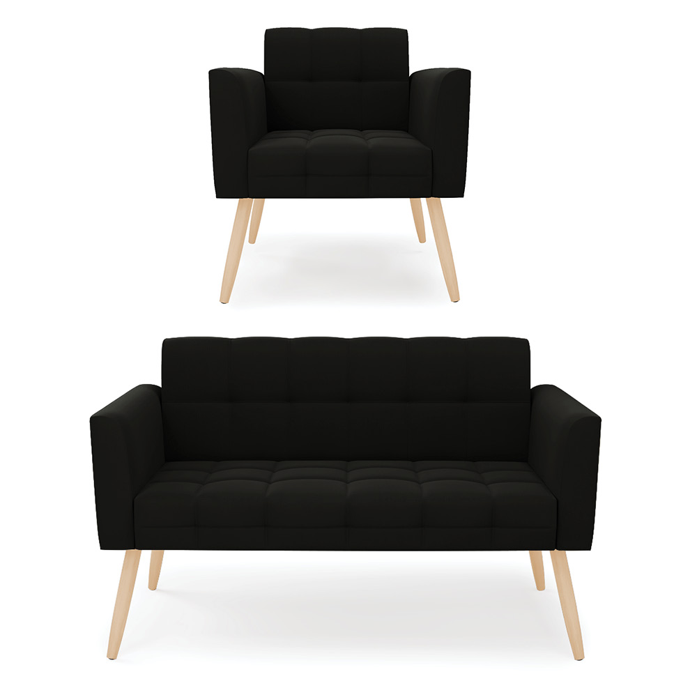 Kit 1 Sofá Namoradeira e 1 Poltrona Elisa Suede Preto Pés Palito Natural - D'Rossi