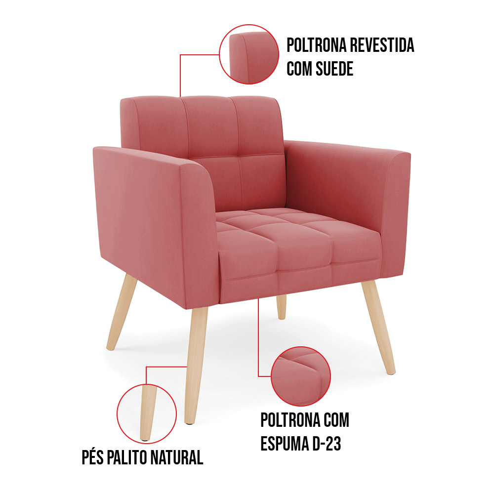 Kit 1 Sofá Namoradeira e 1 Poltrona Elisa Suede Rosê Pés Palito Natural - D'Rossi