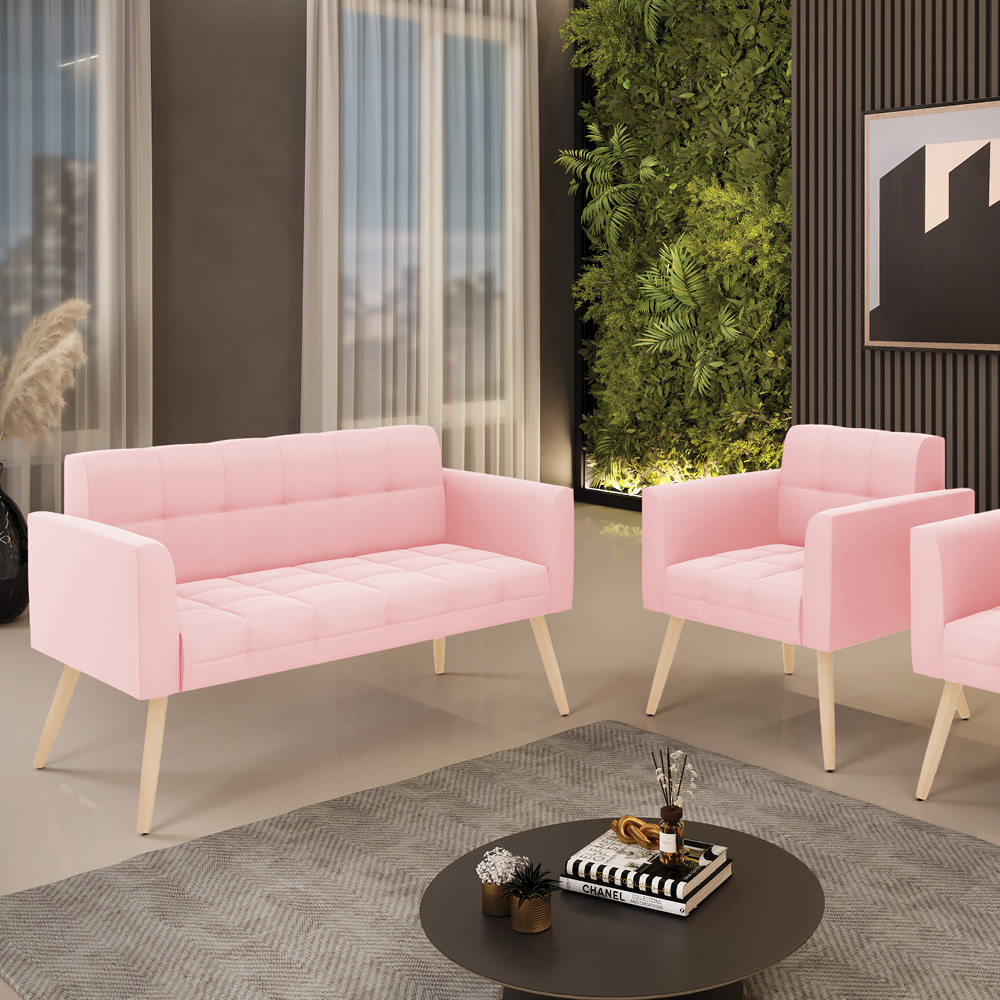 Kit 1 Sofá Namoradeira e 1 Poltrona Elisa Suede Rosa Bebê Pés Palito Natural - D'Rossi