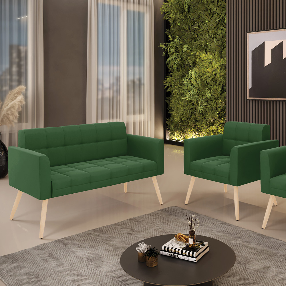 Kit 1 Sofá Namoradeira e 1 Poltrona Elisa Suede Verde Pés Palito Natural - D'Rossi