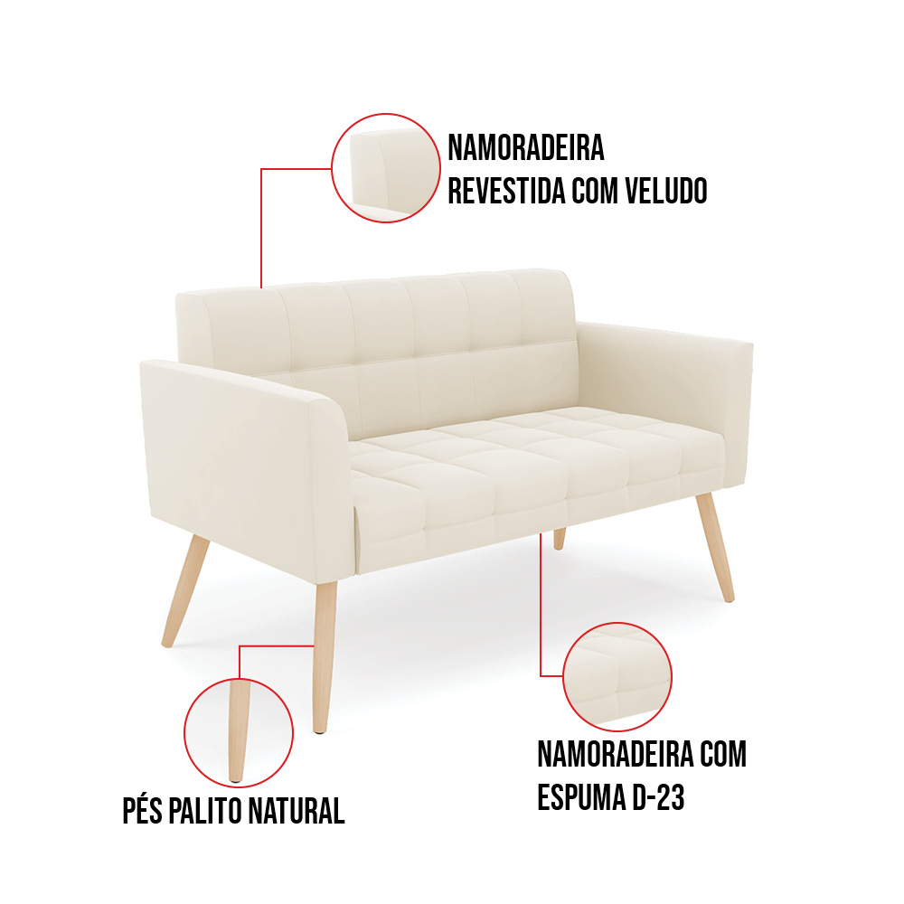 Kit 1 Sofá Namoradeira e 1 Poltrona Elisa Veludo Bege Pés Palito Natural - D'Rossi