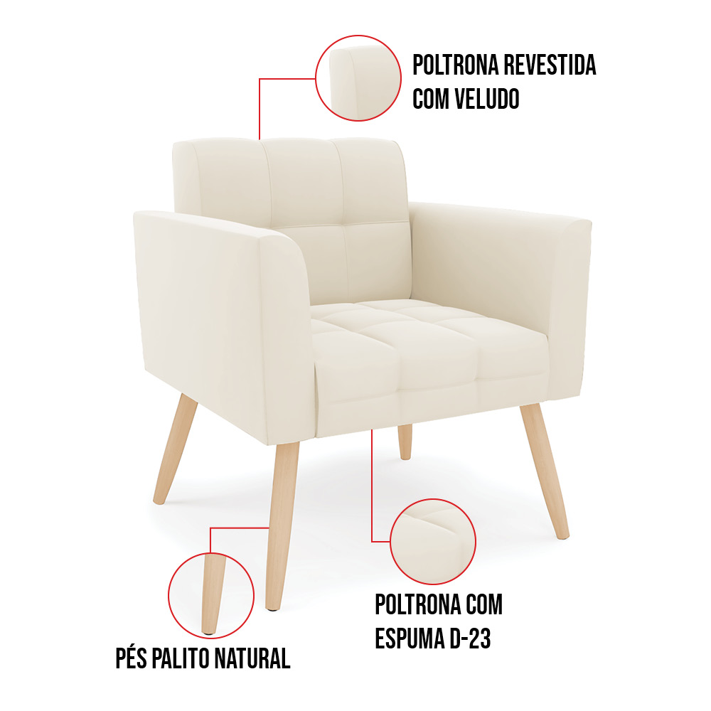 Kit 1 Sofá Namoradeira e 1 Poltrona Elisa Veludo Bege Pés Palito Natural - D'Rossi