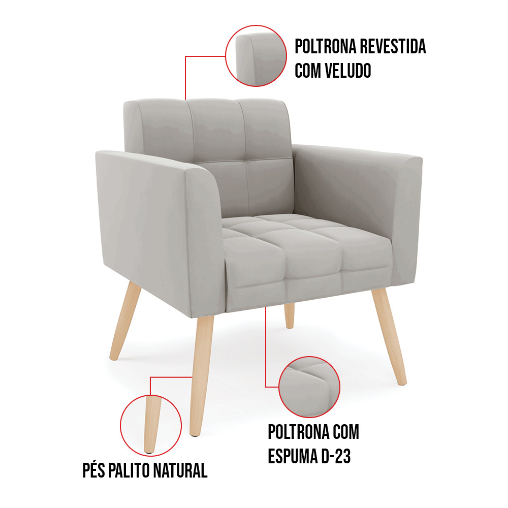 Kit 1 Sofá Namoradeira e 1 Poltrona Elisa Veludo Cinza Pés Palito Natural - D'Rossi