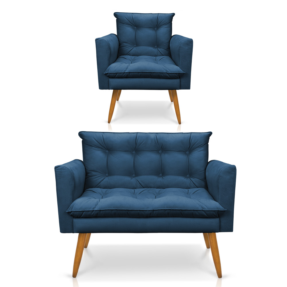 Kit 1 Sofá Namoradeira e 1 Poltrona Tais Suede Azul Marinho Pés Palito Castanho - D'Rossi