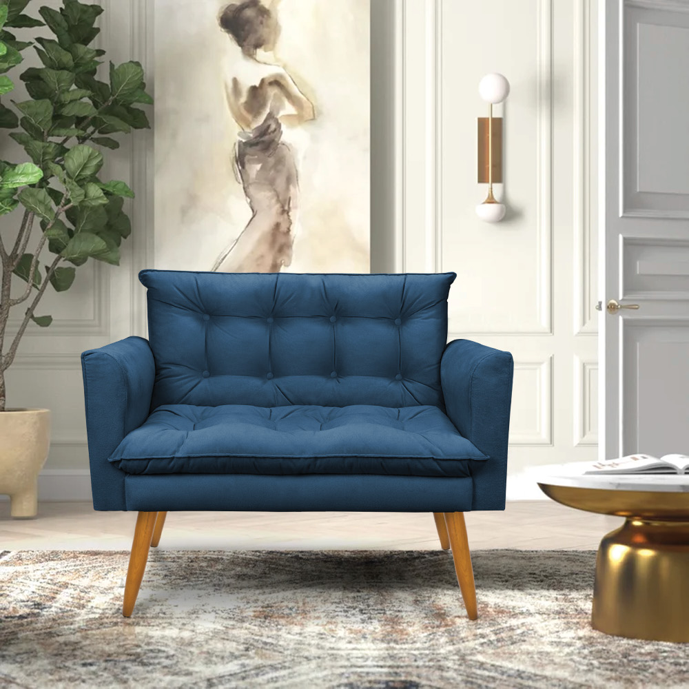 Kit 1 Sofá Namoradeira e 1 Poltrona Tais Suede Azul Marinho Pés Palito Castanho - D'Rossi