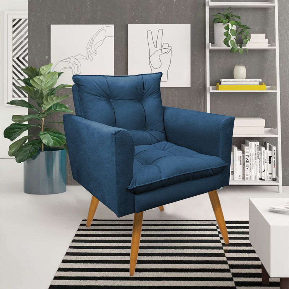 Kit 1 Sofá Namoradeira e 1 Poltrona Tais Suede Azul Marinho Pés Palito Castanho - D'Rossi