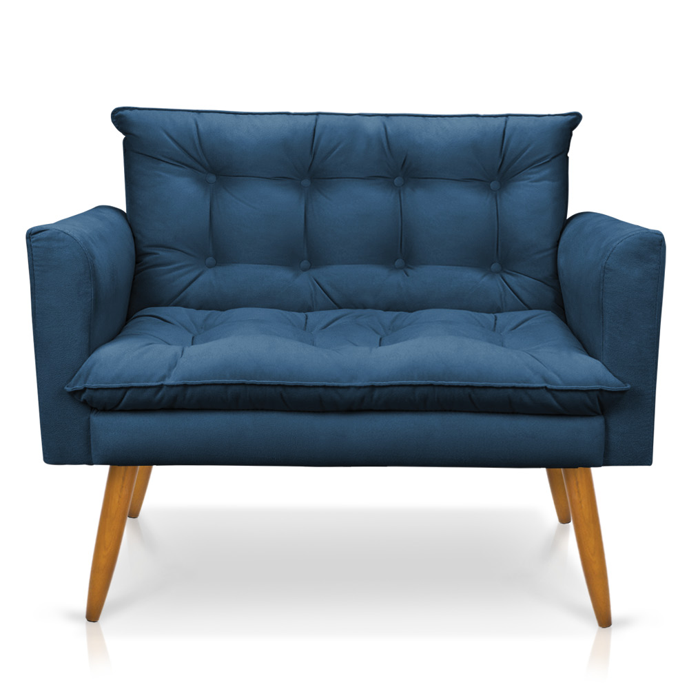 Kit 1 Sofá Namoradeira e 1 Poltrona Tais Suede Azul Marinho Pés Palito Castanho - D'Rossi