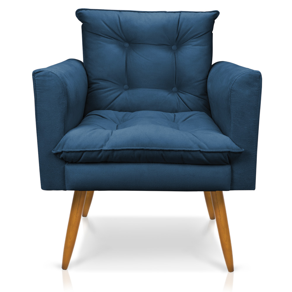 Kit 1 Sofá Namoradeira e 1 Poltrona Tais Suede Azul Marinho Pés Palito Castanho - D'Rossi