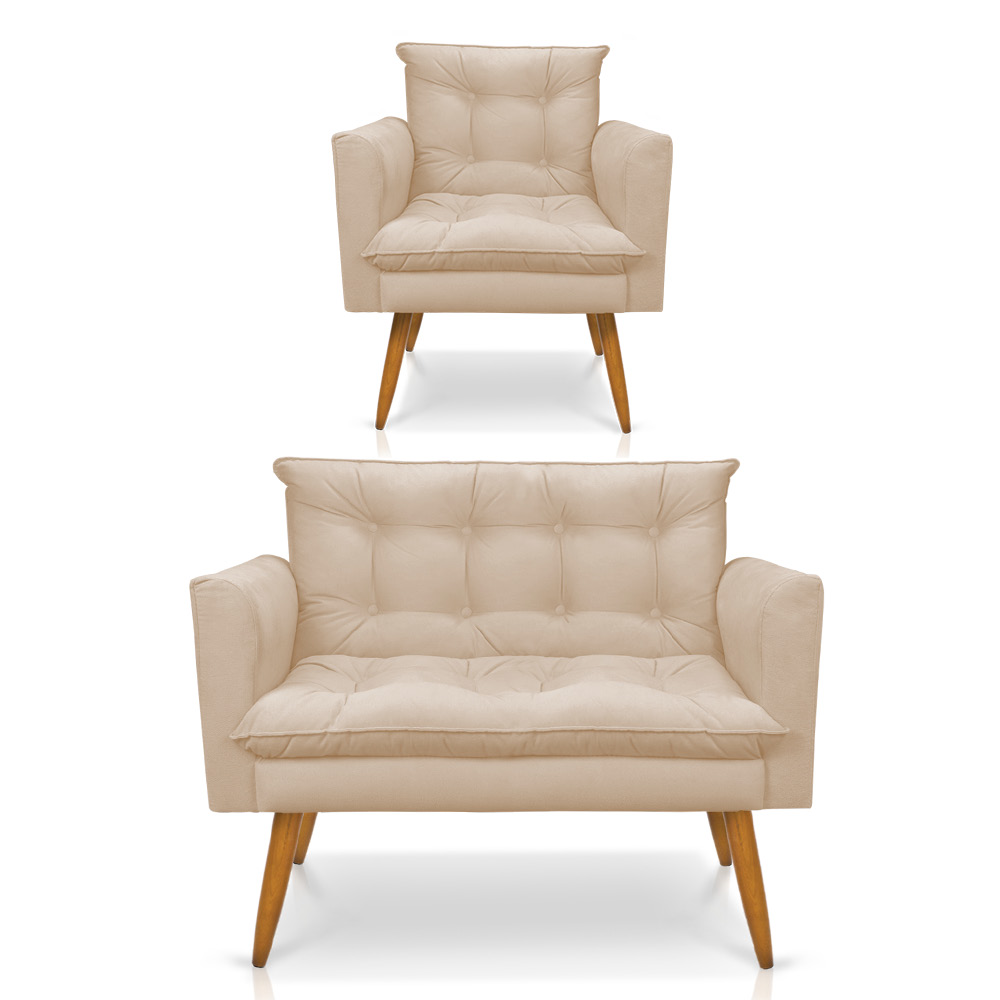 Kit 1 Sofá Namoradeira e 1 Poltrona Tais Suede Pés Palito Castanho - D'Rossi
