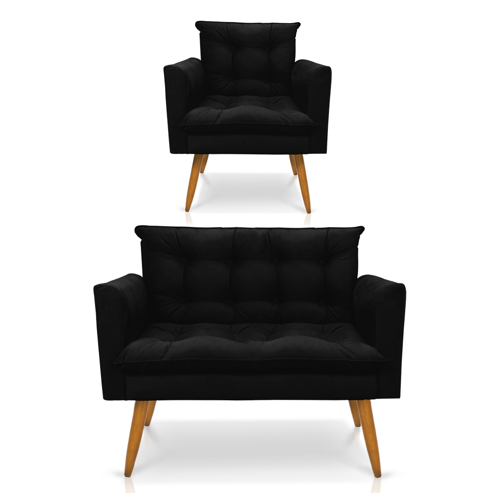 Kit 1 Sofá Namoradeira e 1 Poltrona Tais Suede Preto Pés Palito Castanho - D'Rossi