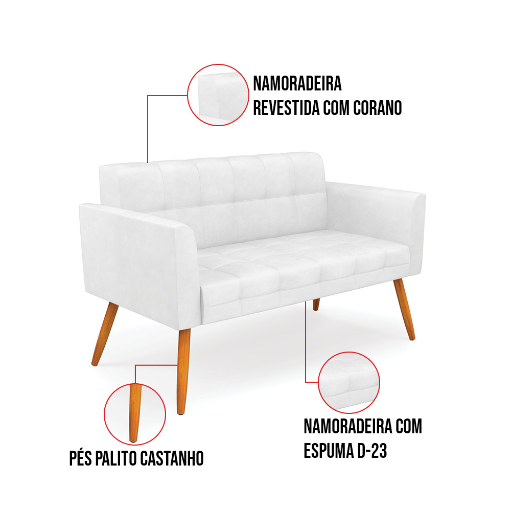 Kit 1 Sofá Namoradeira e 2 Poltronas Elisa Corano Branco Pés Palito Castanho - D'Rossi