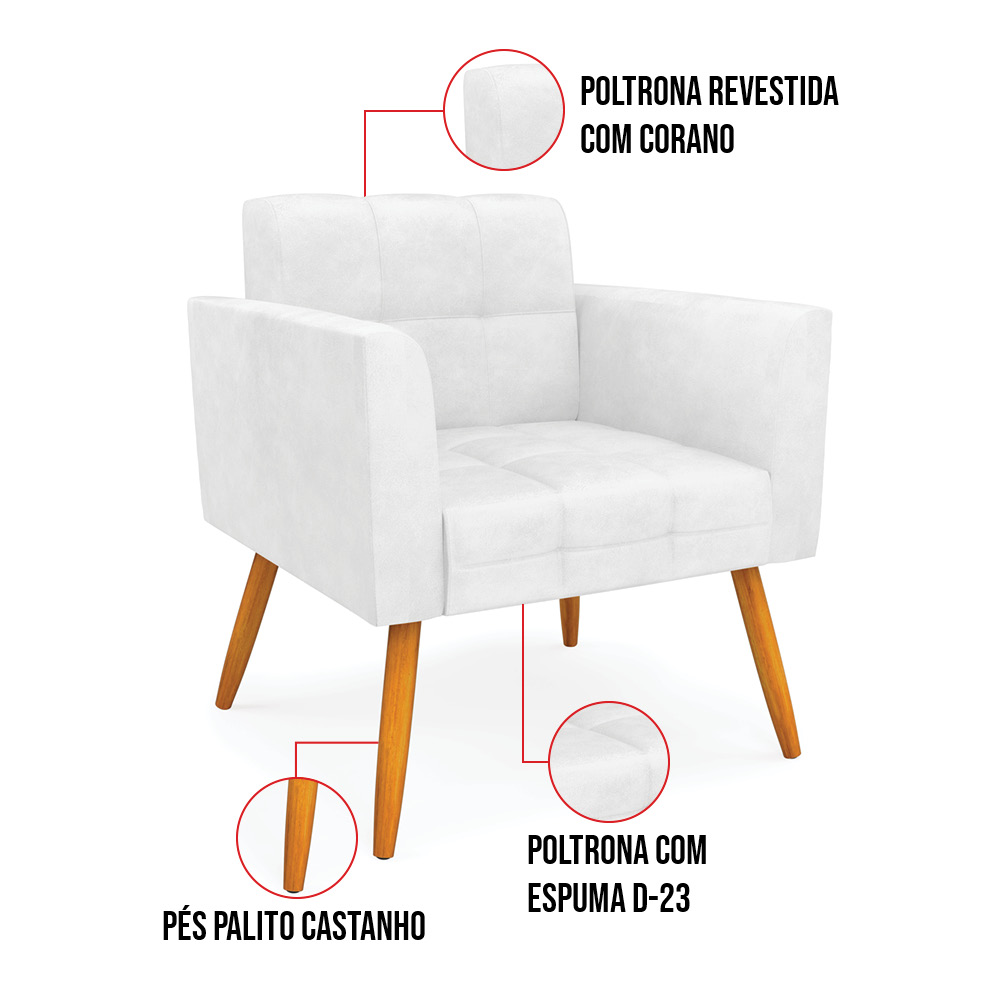 Kit 1 Sofá Namoradeira e 2 Poltronas Elisa Corano Branco Pés Palito Castanho - D'Rossi