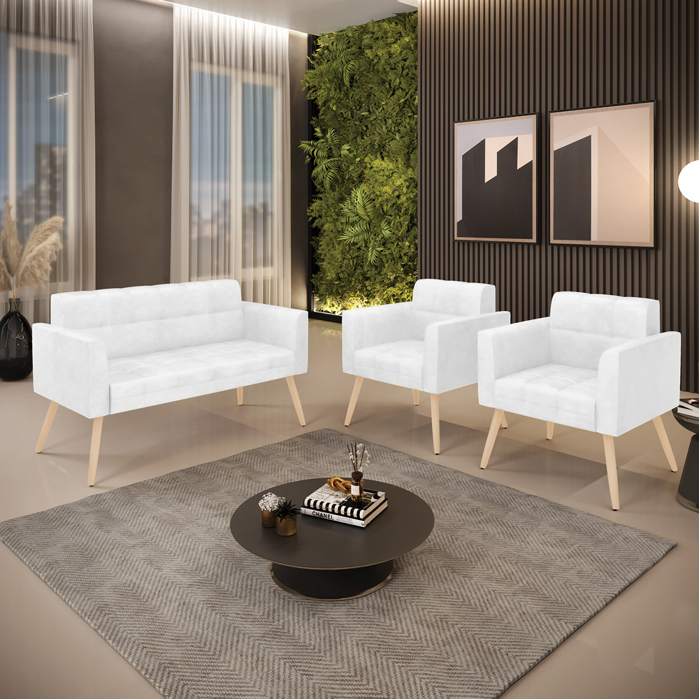 Kit 1 Sofá Namoradeira e 2 Poltronas Elisa Corano Branco Pés Palito Natural - D'Rossi