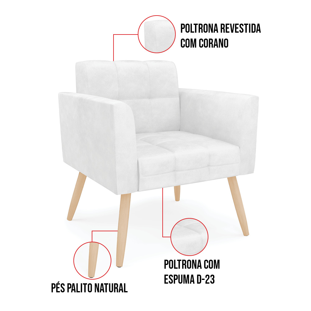 Kit 1 Sofá Namoradeira e 2 Poltronas Elisa Corano Branco Pés Palito Natural - D'Rossi
