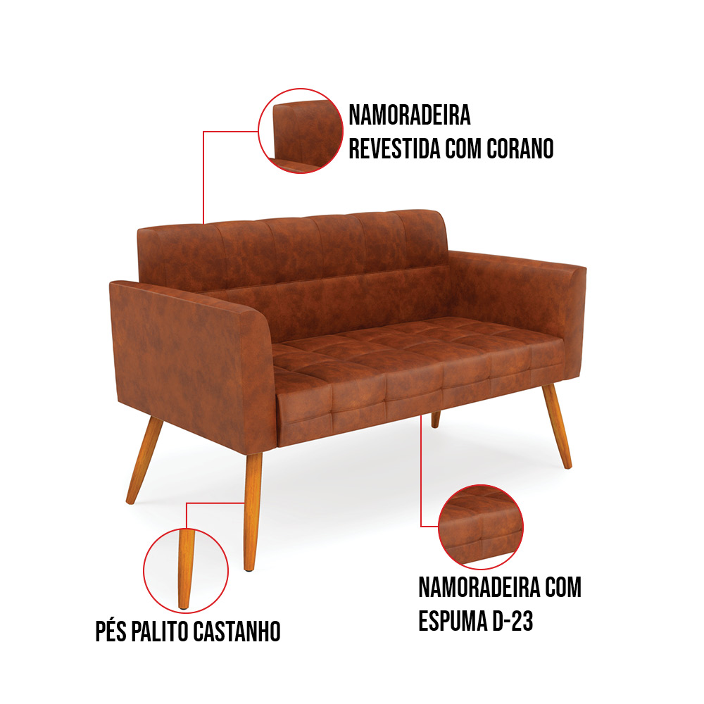 Kit 1 Sofá Namoradeira e 2 Poltronas Elisa Corano Nozes Pés Palito Castanho - D'Rossi