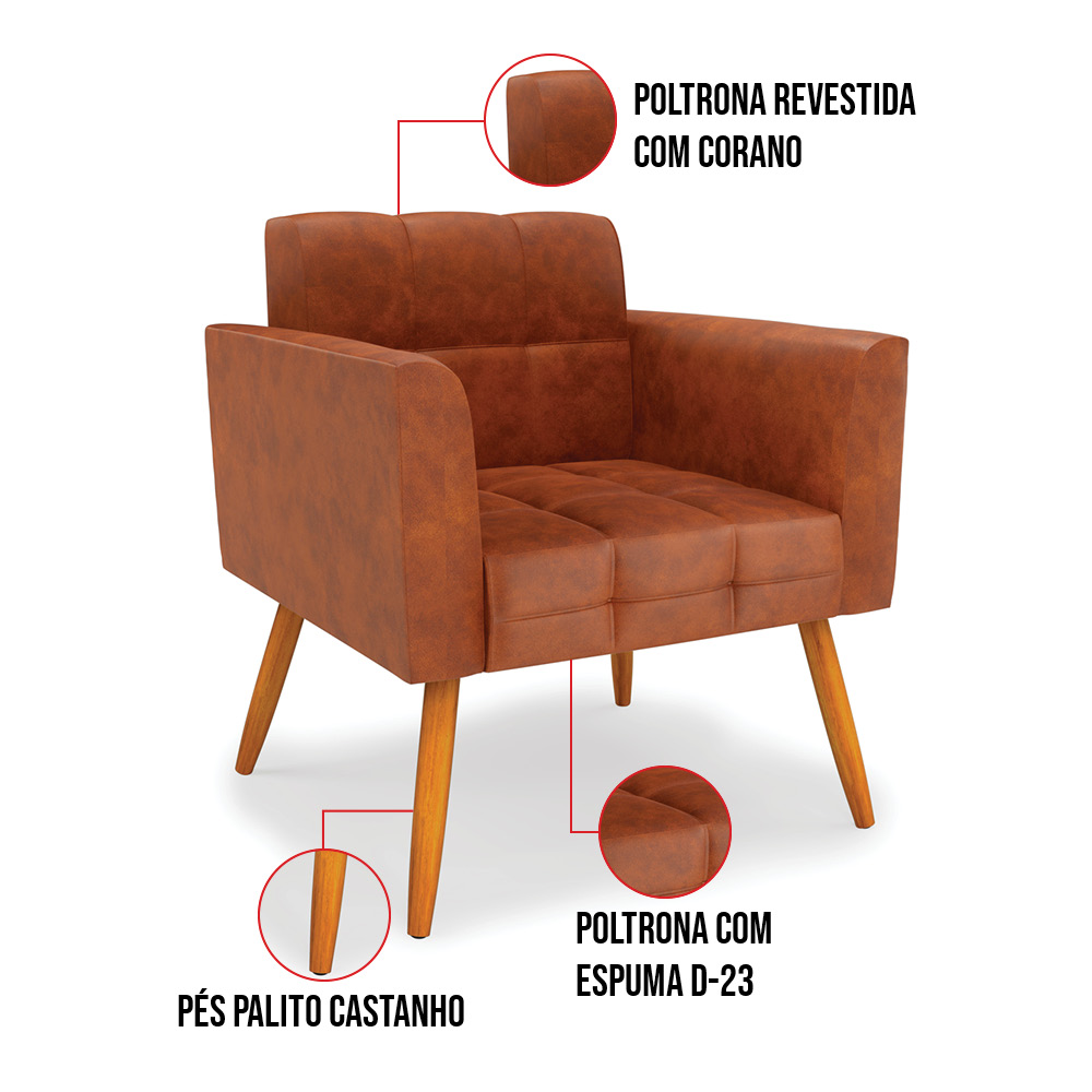 Kit 1 Sofá Namoradeira e 2 Poltronas Elisa Corano Nozes Pés Palito Castanho - D'Rossi