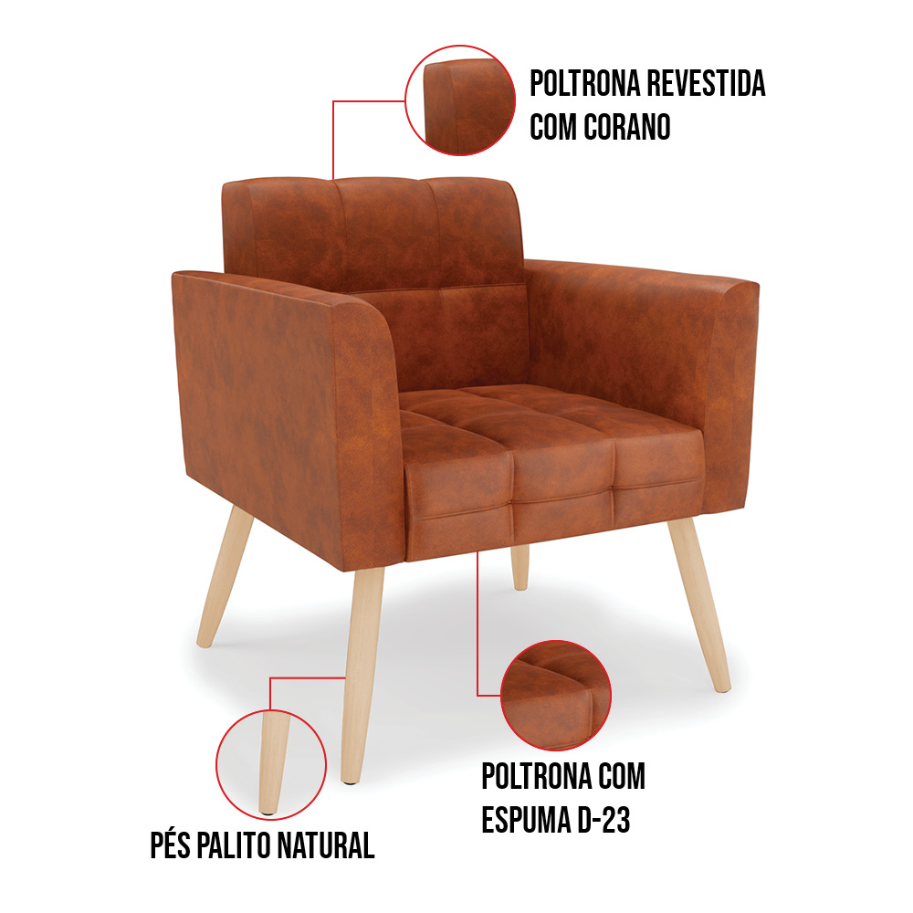 Kit 1 Sofá Namoradeira e 2 Poltronas Elisa Corano Nozes Pés Palito Natural - D'Rossi