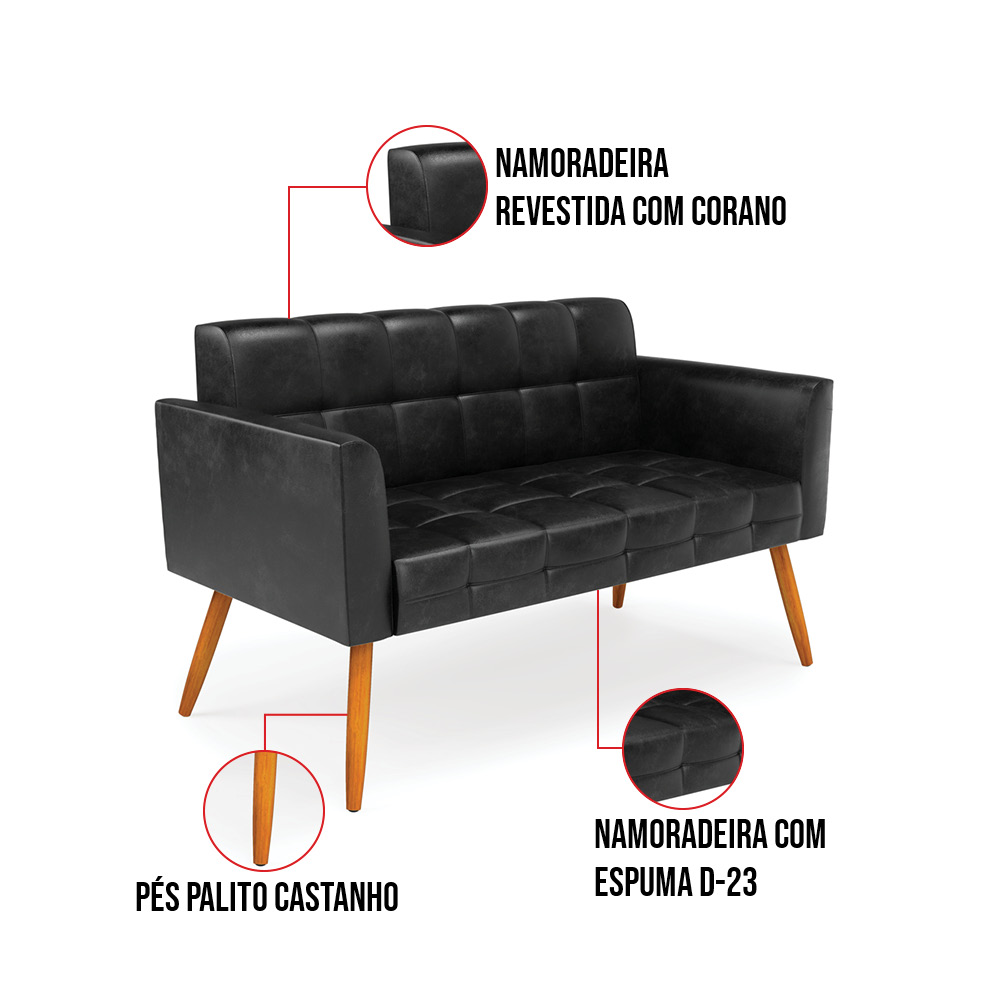 Kit 1 Sofá Namoradeira e 2 Poltronas Elisa Corano Preto Pés Palito Castanho - D'Rossi