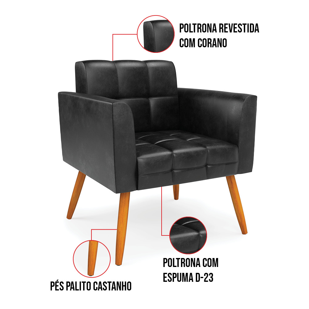 Kit 1 Sofá Namoradeira e 2 Poltronas Elisa Corano Preto Pés Palito Castanho - D'Rossi