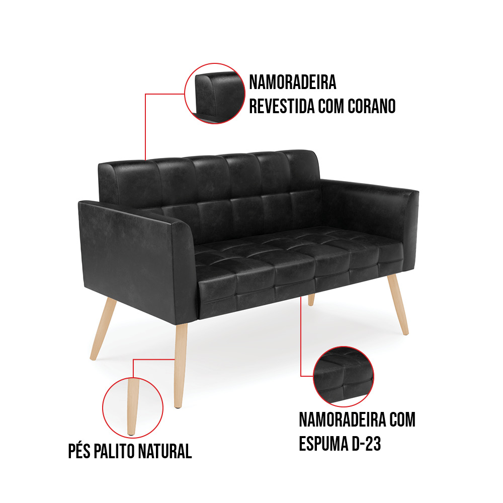Kit 1 Sofá Namoradeira e 2 Poltronas Elisa Corano Preto Pés Palito Natural - D'Rossi