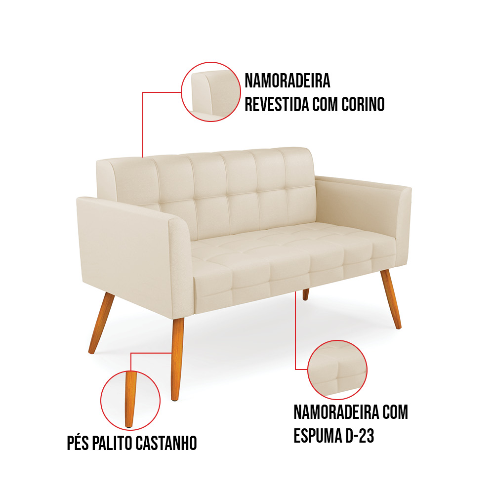 Kit 1 Sofá Namoradeira e 2 Poltronas Elisa Corino Bege Pés Palito Castanho - D'Rossi