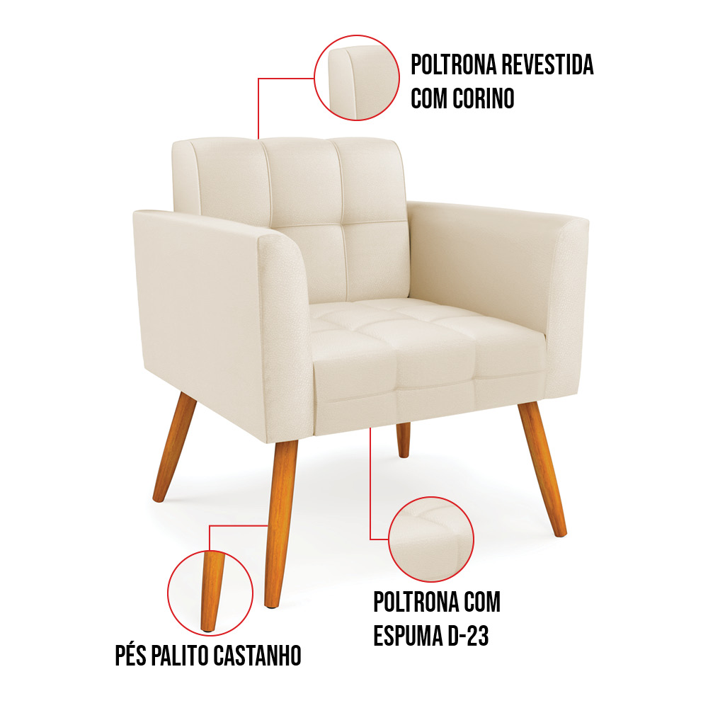Kit 1 Sofá Namoradeira e 2 Poltronas Elisa Corino Bege Pés Palito Castanho - D'Rossi