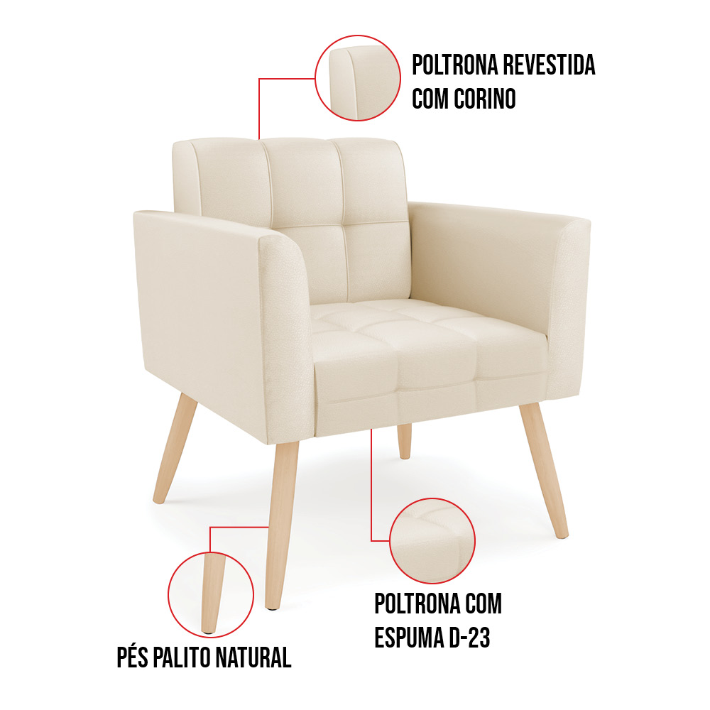 Kit 1 Sofá Namoradeira e 2 Poltronas Elisa Corino Bege Pés Palito Natural - D'Rossi