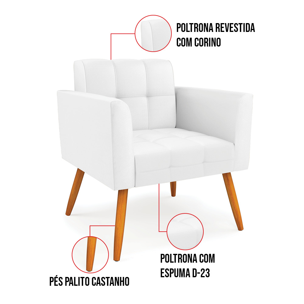 Kit 1 Sofá Namoradeira e 2 Poltronas Elisa Corino Branco Pés Palito Castanho - D'Rossi