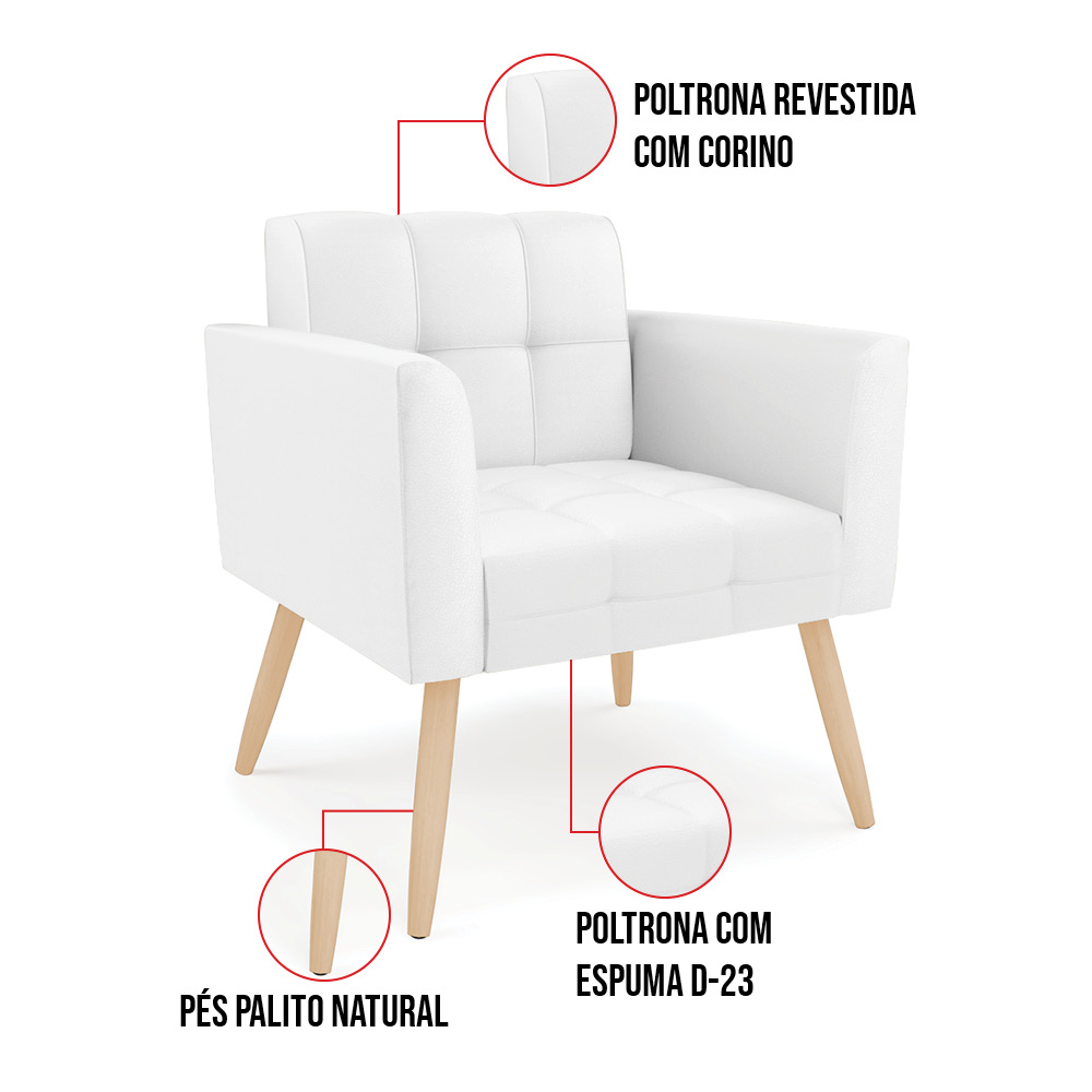 Kit 1 Sofá Namoradeira e 2 Poltronas Elisa Corino Branco Pés Palito Natural - D'Rossi