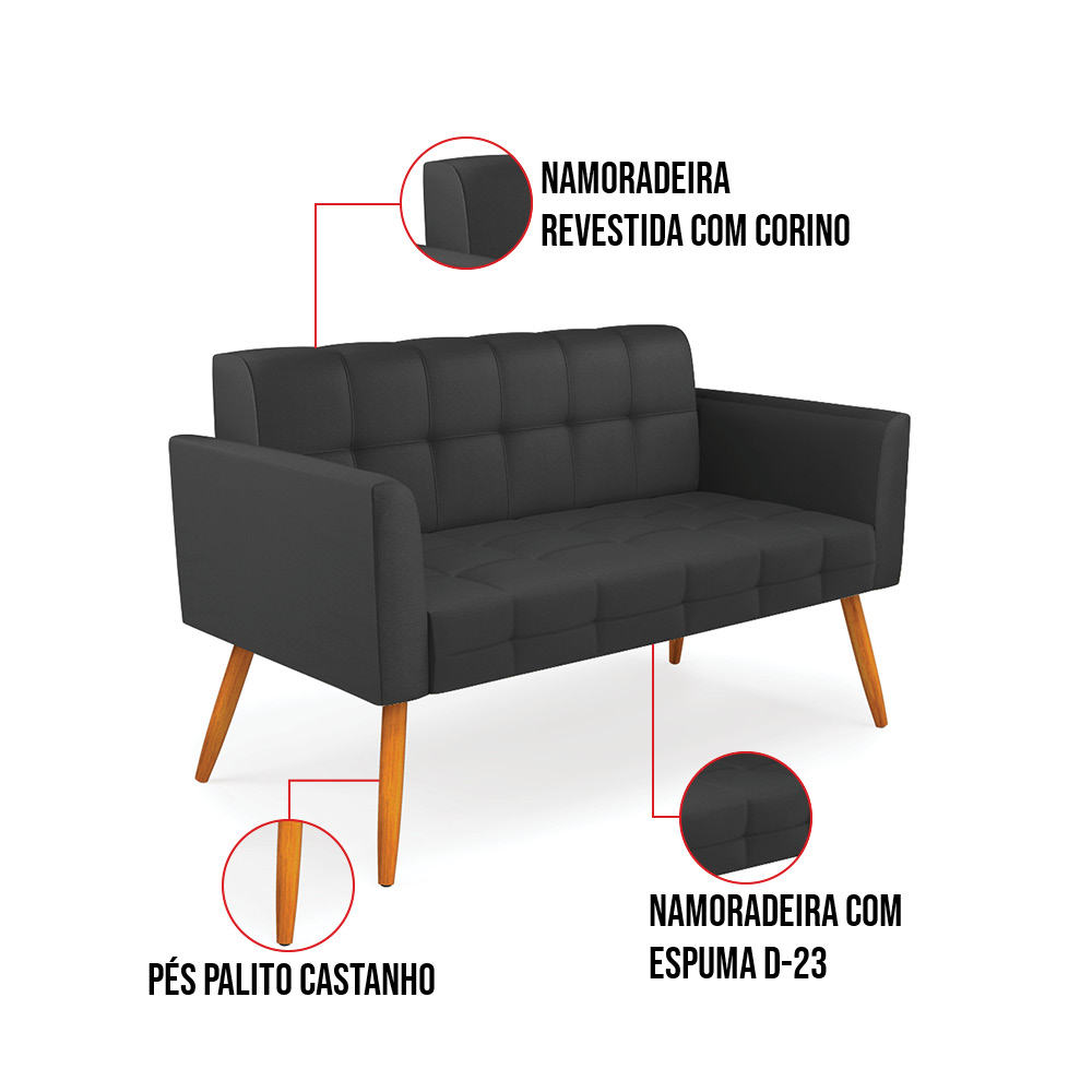 Kit 1 Sofá Namoradeira e 2 Poltronas Elisa Corino Preto Pés Palito Castanho - D'Rossi