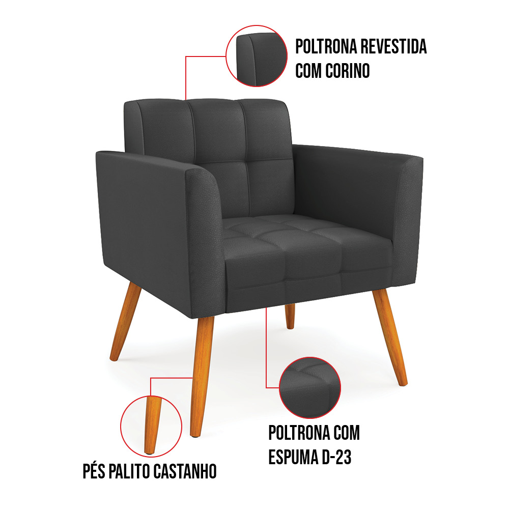 Kit 1 Sofá Namoradeira e 2 Poltronas Elisa Corino Preto Pés Palito Castanho - D'Rossi