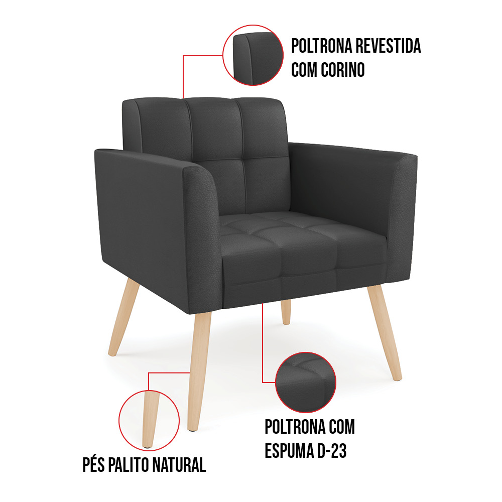 Kit 1 Sofá Namoradeira e 2 Poltronas Elisa Corino Preto Pés Palito Natural - D'Rossi