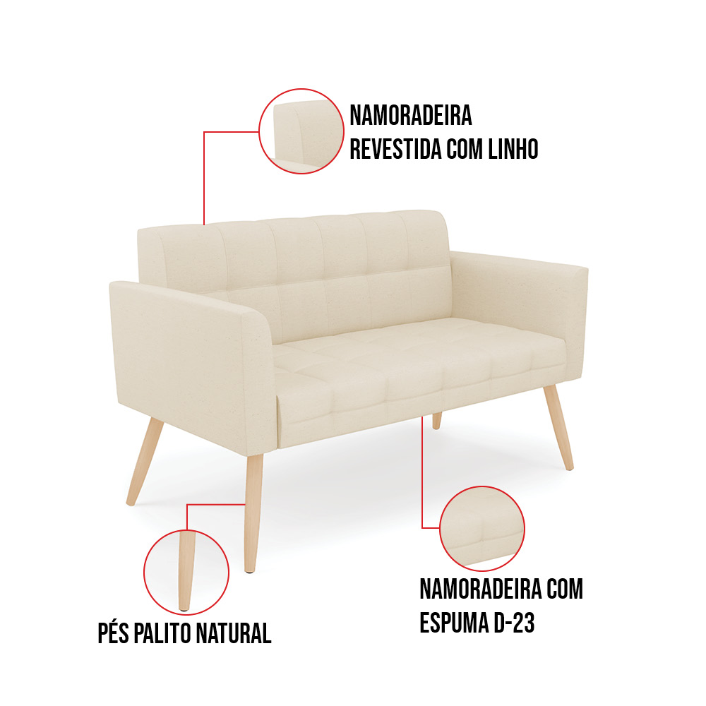 Kit 1 Sofá Namoradeira e 2 Poltronas Elisa Linho Bege A19 Pés Palito Natural - D'Rossi