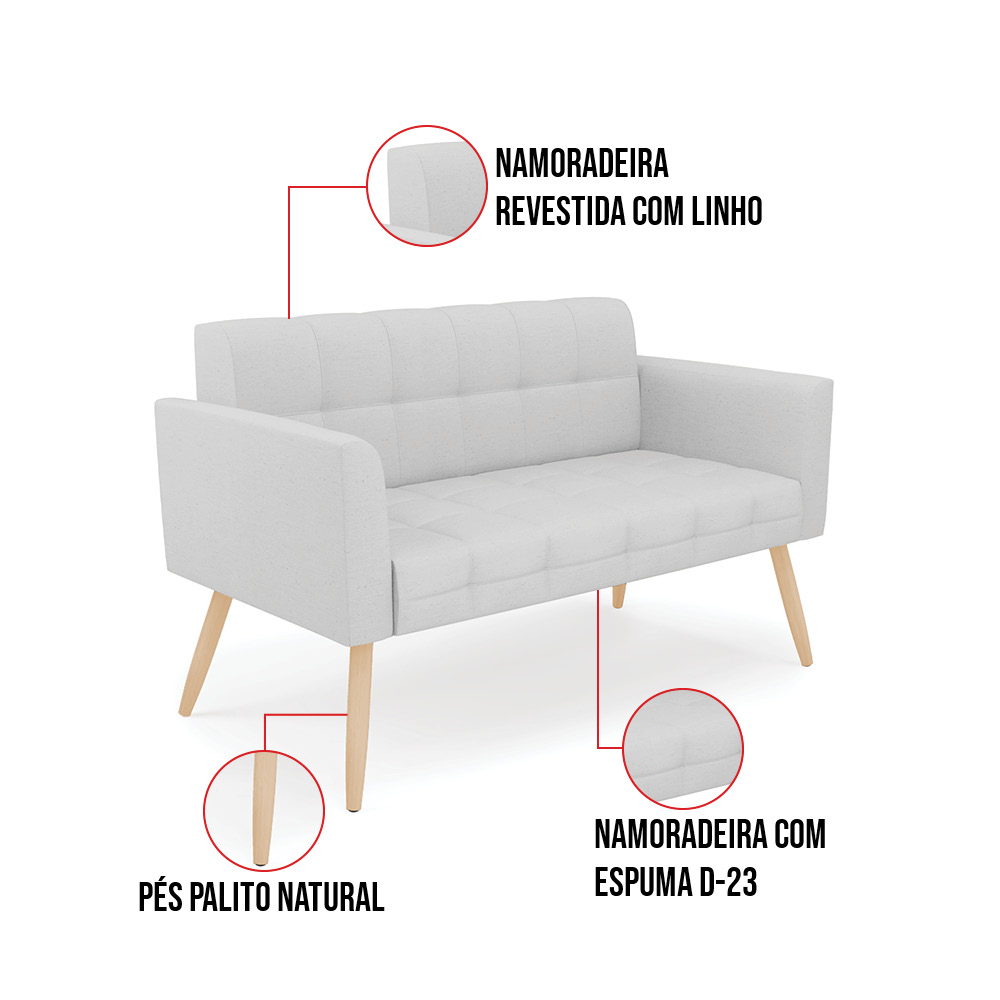 Kit 1 Sofá Namoradeira e 2 Poltronas Elisa Linho Cinza A05 Pés Palito Natural - D'Rossi