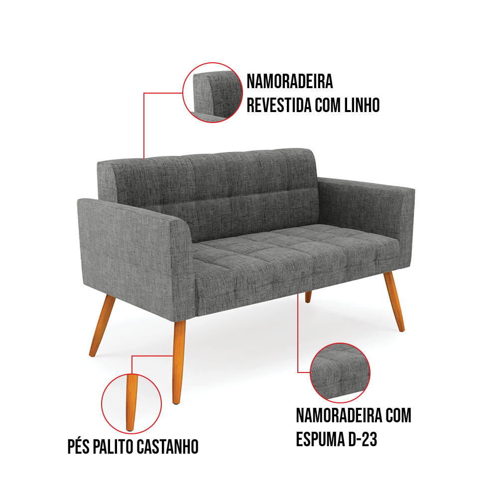 Kit 1 Sofá Namoradeira e 2 Poltronas Elisa Linho Grafite A26 Pés Palito Castanho - D'Rossi