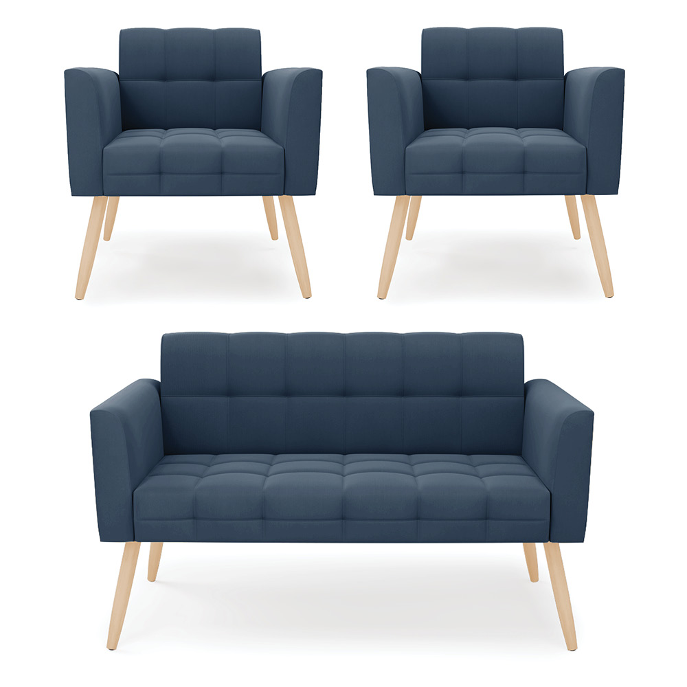 Kit 1 Sofá Namoradeira e 2 Poltronas Elisa Suede Azul Marinho Pés Palito Natural - D'Rossi