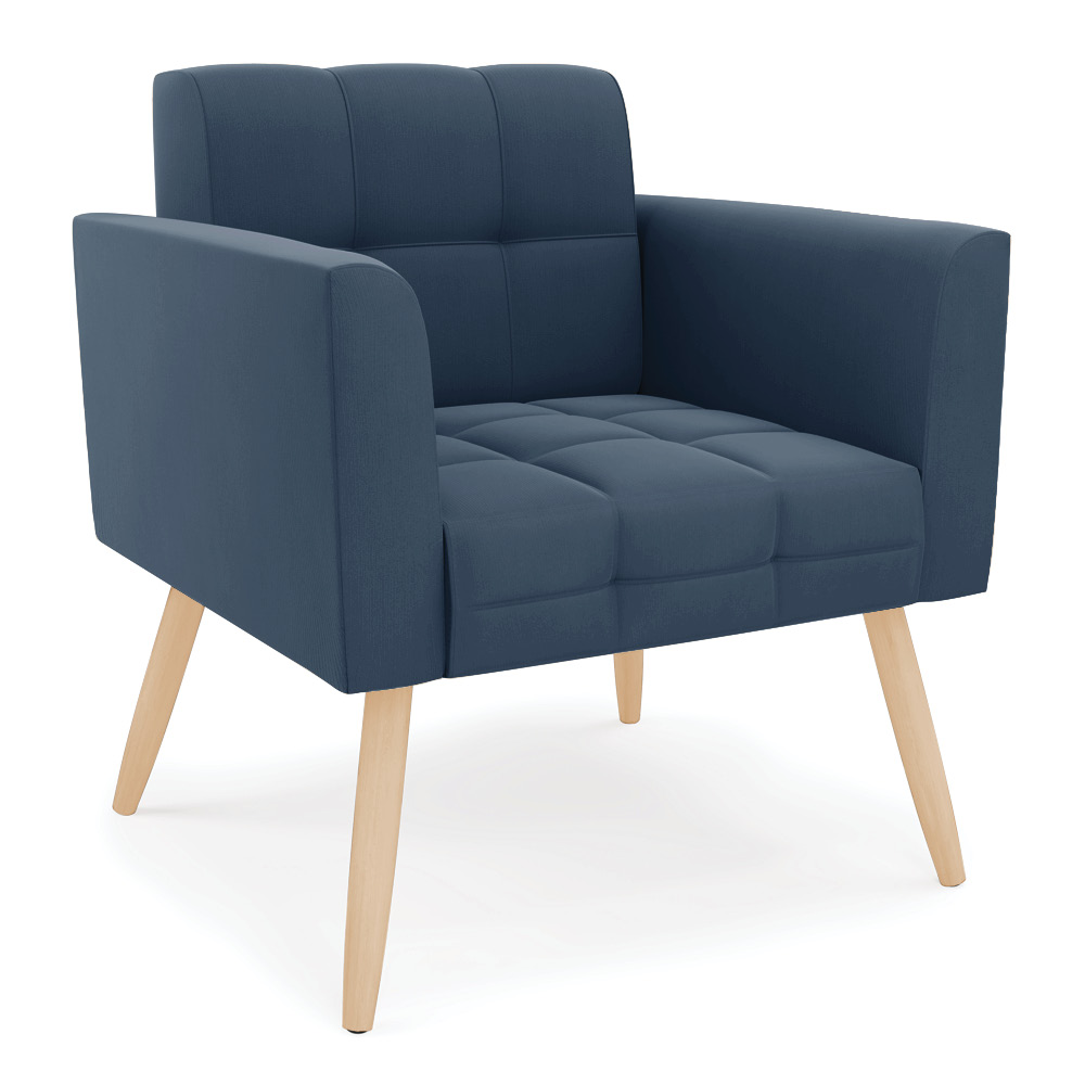 Kit 1 Sofá Namoradeira e 2 Poltronas Elisa Suede Azul Marinho Pés Palito Natural - D'Rossi