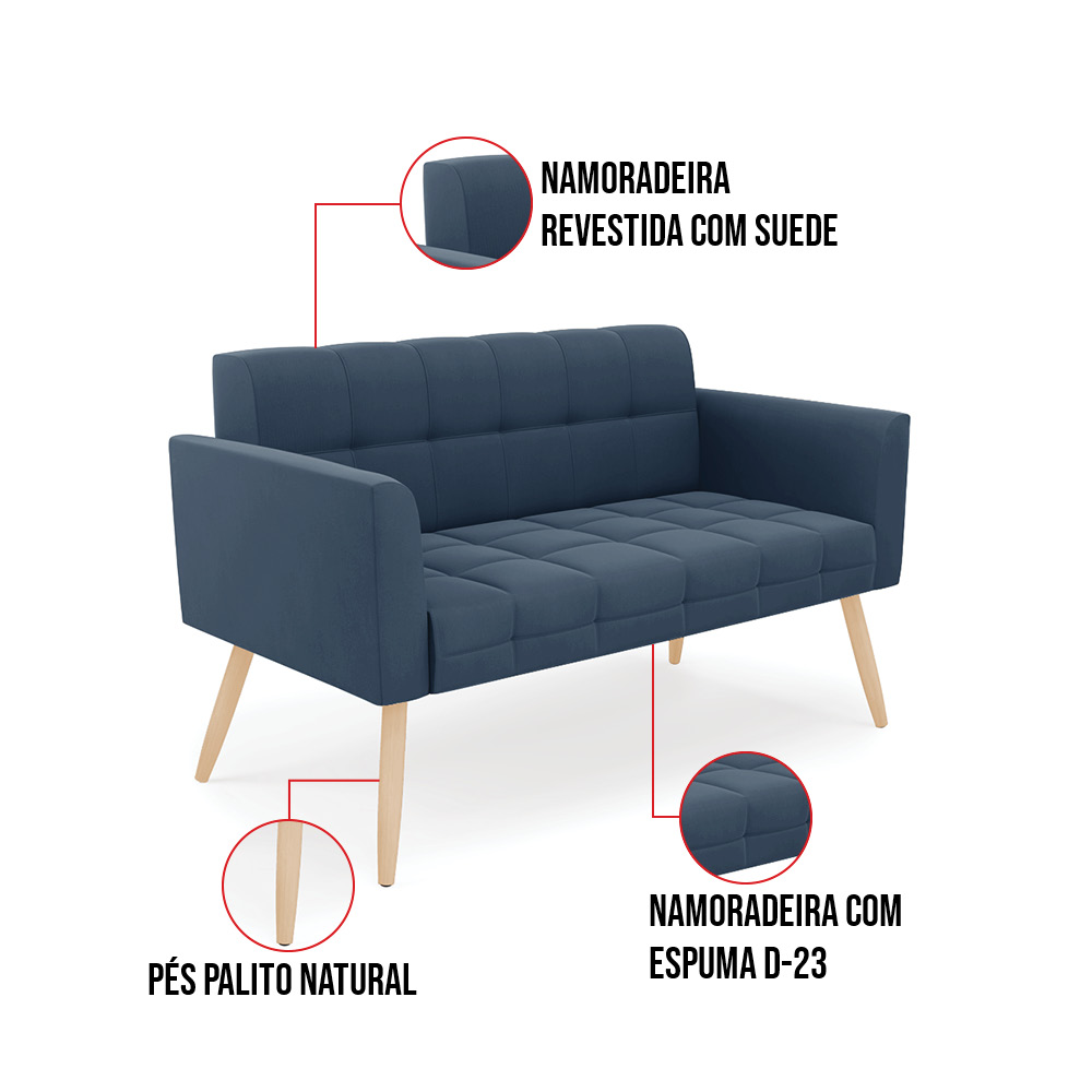 Kit 1 Sofá Namoradeira e 2 Poltronas Elisa Suede Azul Marinho Pés Palito Natural - D'Rossi