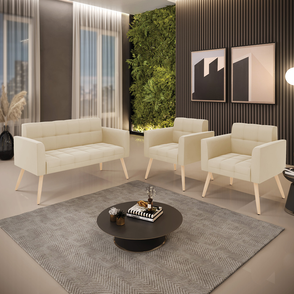 Kit 1 Sofá Namoradeira e 2 Poltronas Elisa Suede Bege Pés Palito Natural - D'Rossi