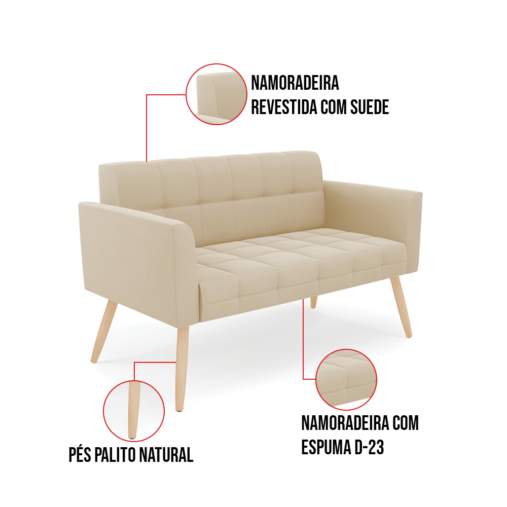 Kit 1 Sofá Namoradeira e 2 Poltronas Elisa Suede Bege Pés Palito Natural - D'Rossi