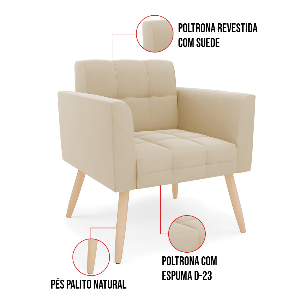 Kit 1 Sofá Namoradeira e 2 Poltronas Elisa Suede Bege Pés Palito Natural - D'Rossi