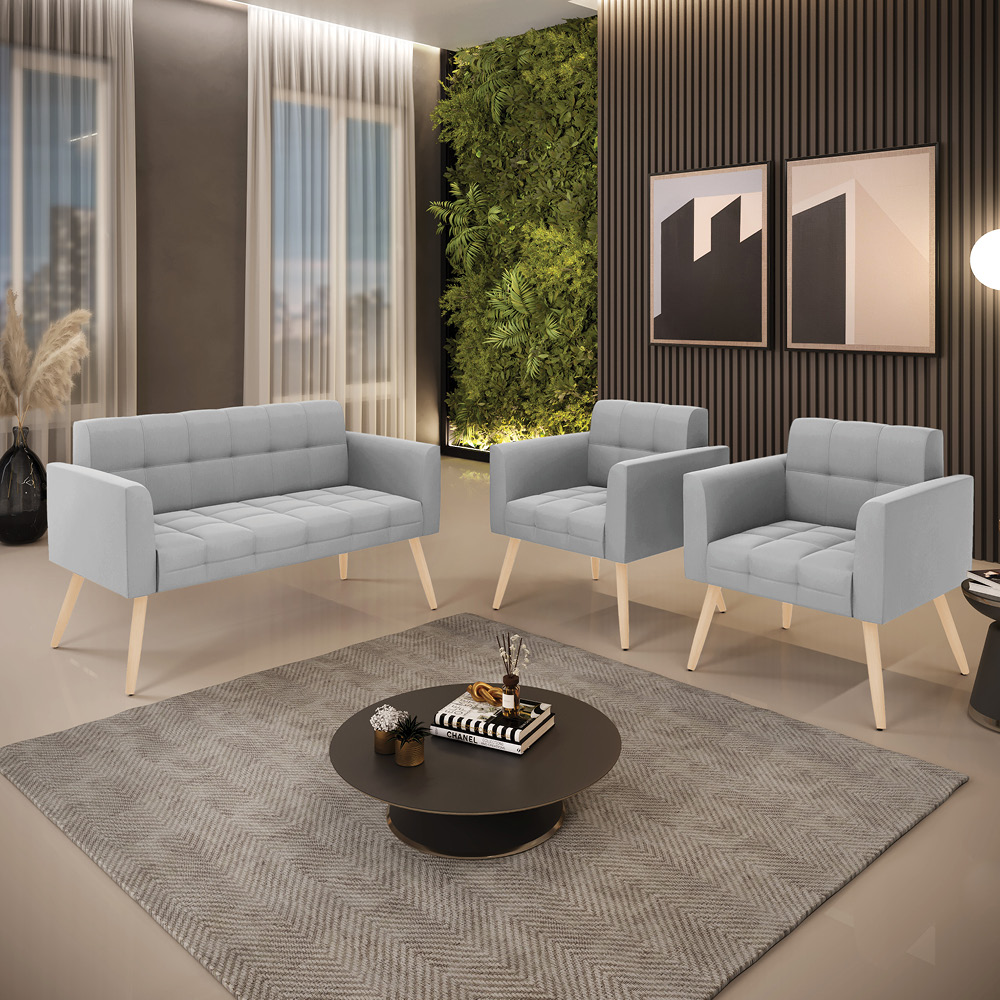 Kit 1 Sofá Namoradeira e 2 Poltronas Elisa Suede Cinza Pés Palito Natural - D'Rossi