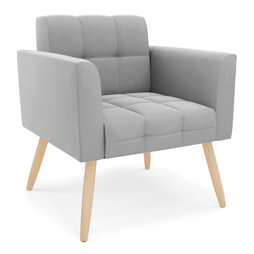 Kit 1 Sofá Namoradeira e 2 Poltronas Elisa Suede Cinza Pés Palito Natural - D'Rossi