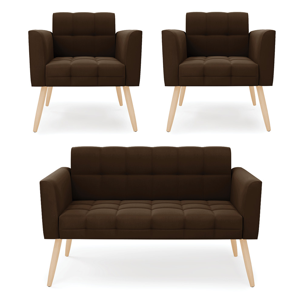 Kit 1 Sofá Namoradeira e 2 Poltronas Elisa Suede Marrom Pés Palito Natural - D'Rossi