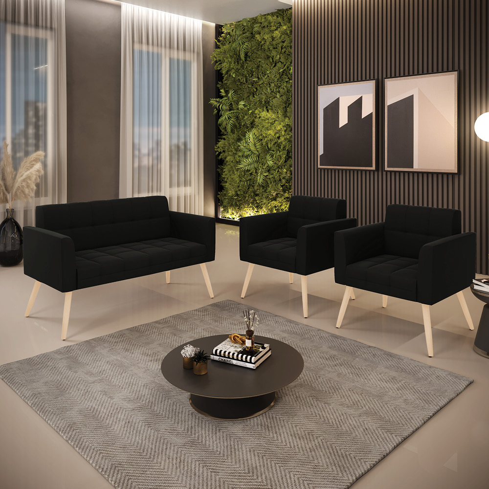 Kit 1 Sofá Namoradeira e 2 Poltronas Elisa Suede Preto Pés Palito Natural - D'Rossi