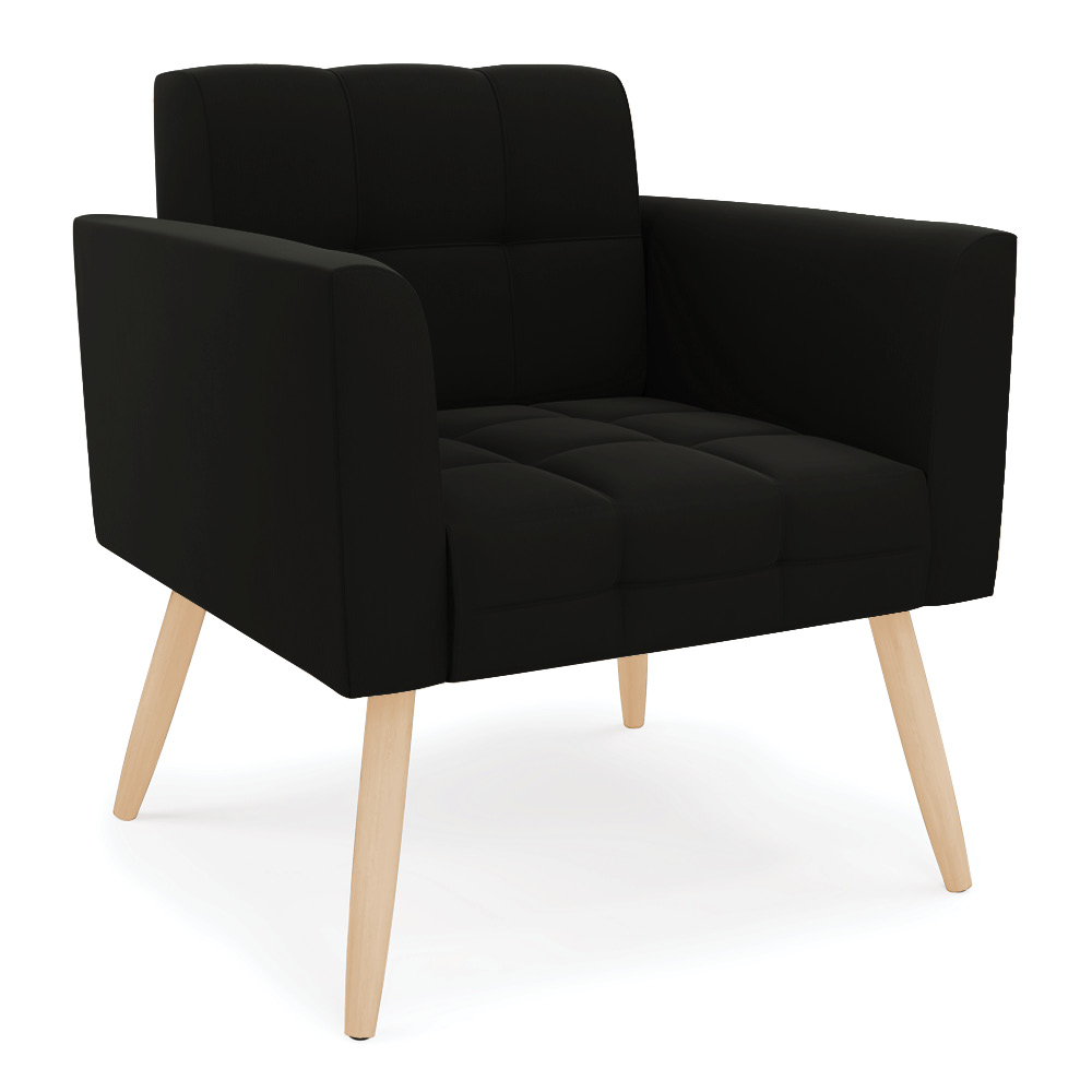 Kit 1 Sofá Namoradeira e 2 Poltronas Elisa Suede Preto Pés Palito Natural - D'Rossi