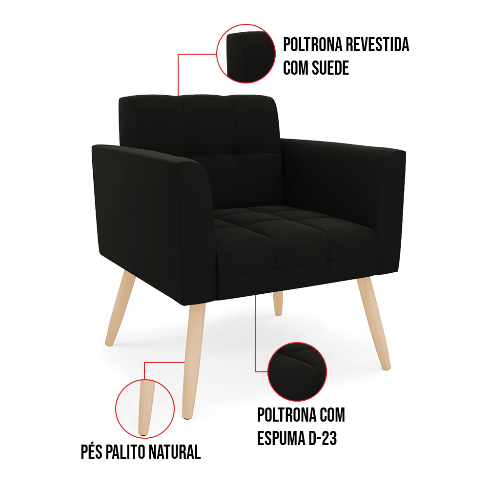 Kit 1 Sofá Namoradeira e 2 Poltronas Elisa Suede Preto Pés Palito Natural - D'Rossi