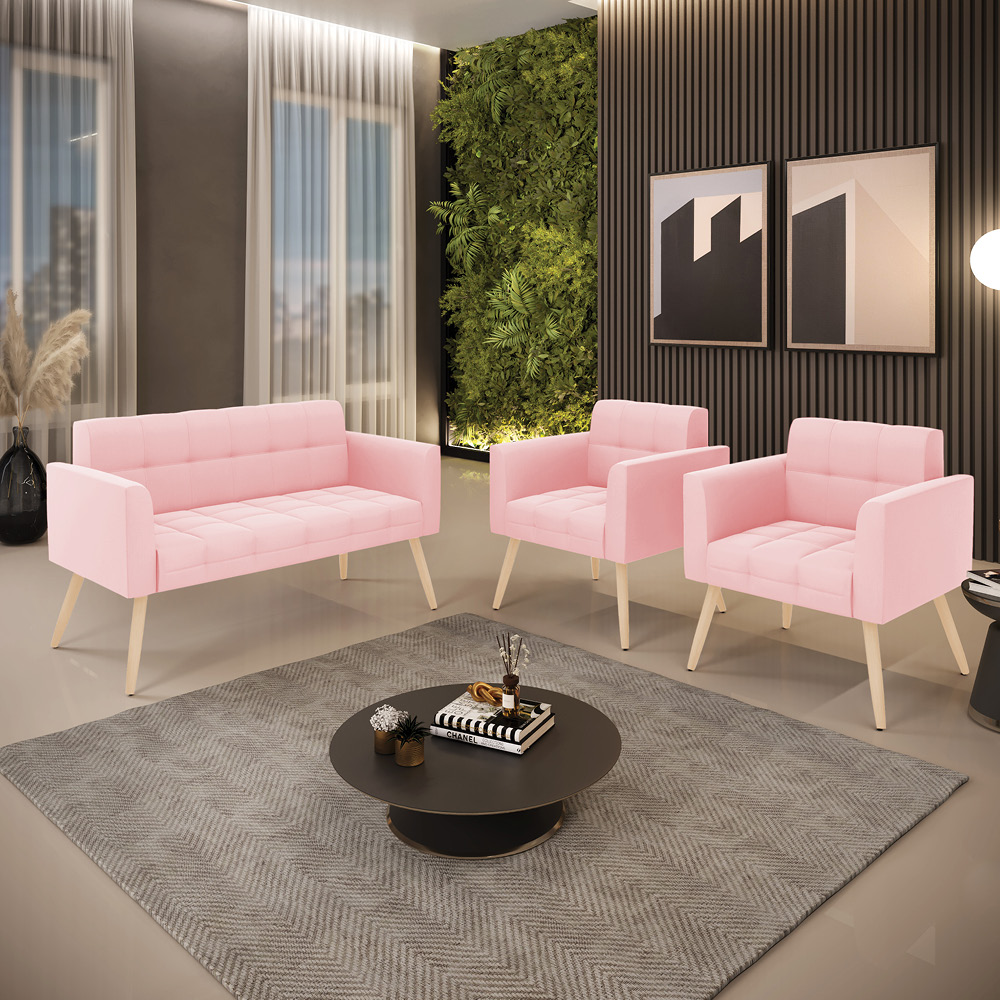 Kit 1 Sofá Namoradeira e 2 Poltronas Elisa Suede Rosa Bebê Pés Palito Natural - D'Rossi